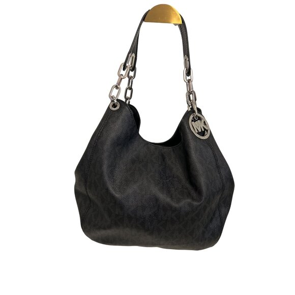 Michael Kors Fulton Black Shoulder Hobo Bag w Silver Chain Strap - Picture 1 of 16